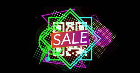 Displaying QR code on digital backdrop, with gradient SALE banner, neon outlines Stock Illustration