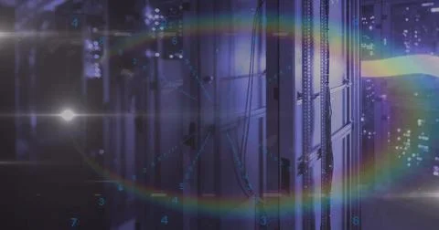 Displaying rack glowing in data center aisle, with cables LEDs digital numerals Foto stock