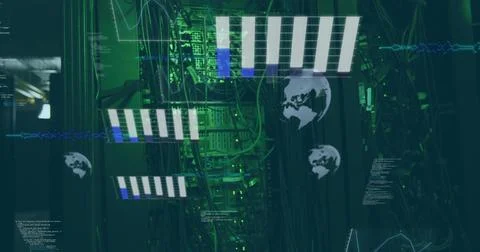 Displaying rack glowing with green LEDs, patch panels, overlays, bundled cabl Illustrazione stock