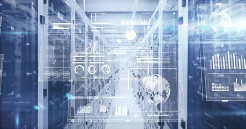Displaying rack lined corridor featuring LED indicators in data center, with Stock Illustration