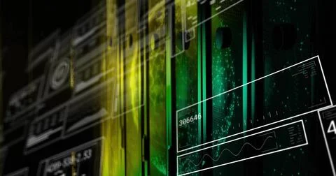 Displaying rack-mounted server column flashing LED indicators inside data Stock Illustration