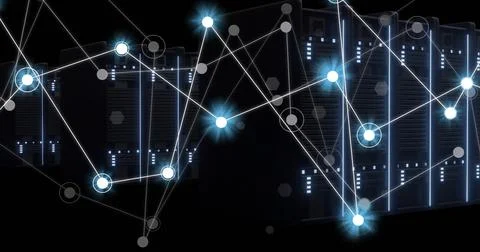 Displaying rack-mounted servers glowing inside data center, with LED status 库存插图