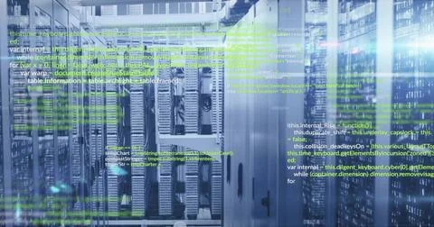Displaying rack-mounted servers glowing LED indicators in data center, with Foto stock