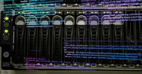 Displaying rack server storage unit processing data in data center, with status Illustrazione stock