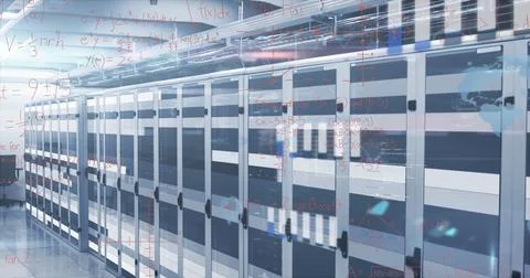 Displaying rack servers in data center corridor, showing glass doors, cable Foto stock