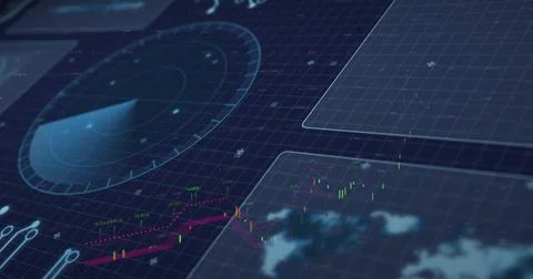 Displaying radar dial rotating with sweep arc on dark grid, showing candlesticks Stock Illustration