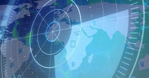 Displaying radar global map on screen, showing concentric radar rings, pin Stock Illustration