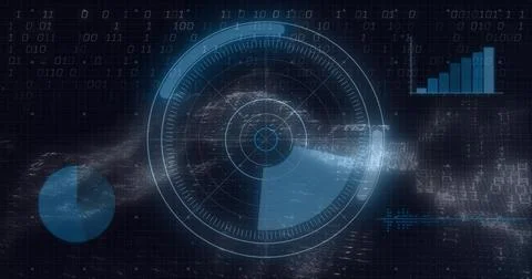 Displaying radar HUD interface on dark grid, streaming particles, binary code, Illustrazione stock