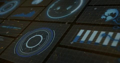 Displaying radar HUD panel with concentric rings and radial ticks on dashboard, Stock Illustration