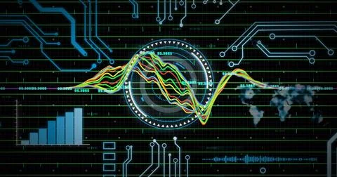 Displaying radar interface with colorful waveforms and world map on virtual Stock Photos