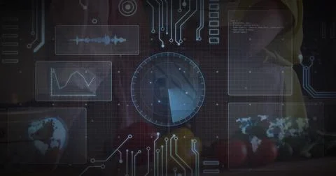 Displaying radar interface over kitchen, showing waveform, tomatoes, senior Foto stock