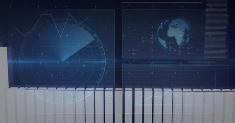 Displaying radar overlaying grid on dashboard, with 3D globe projection and bar Stock Illustration