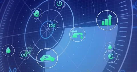 Displaying radar-style interface showing radial grid with green icons on blue Stock Photos