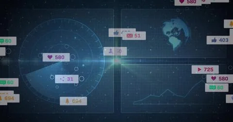 Displaying radar UI pulsing on dashboard, showing badges, social icons, Stock Illustration