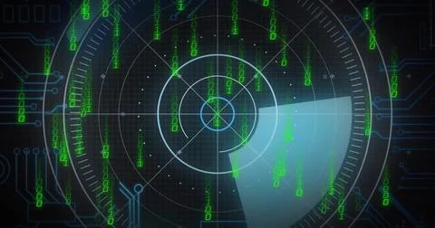Displaying radar UI scanning digital display, showing concentric rings and Illustrazione stock