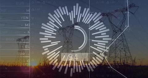 Displaying radial data overlaying central power tower at sunset, showing read Stock Photos