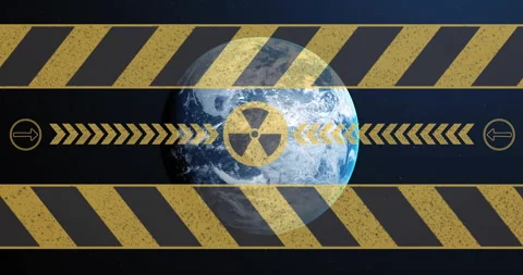 Displaying radiation hazard warning animation over rotating Earth in space Stock Footage 303877164