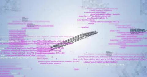 Displaying rail map floating over abstract workspace with JavaScript code and Stockfoto's