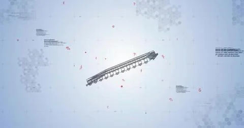 Displaying rail segment hovering over pale blue grid with red symbols, grey Stock Illustration