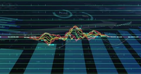 Displaying rainbow waveform fluctuating on analytics dashboard with teal grid Stock Illustration