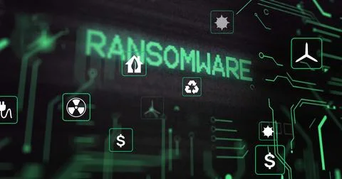 Displaying ransomware text hovering over circuit board, with nuclear hazard and Stock Illustration