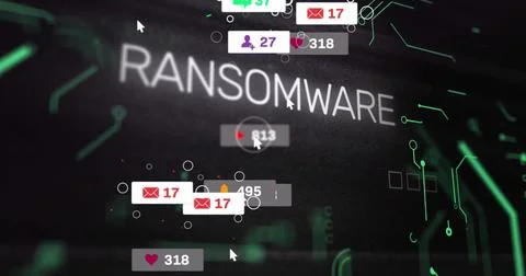 Displaying ransomware text on UI showing envelope user heart padlock play icons, イラスト素材