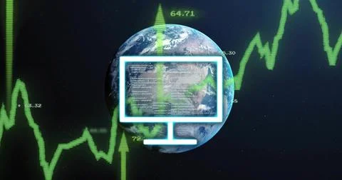 Displaying real Earth globe in space, showing cyan monitor overlay, code text 스톡 일러스트