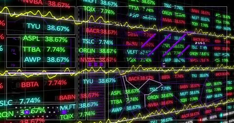 Displaying real-time market data in trading room, with ticker symbols, Stock Illustration