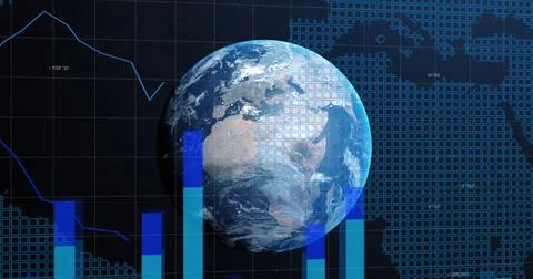 Displaying realistic 3D globe rotating over data dashboard, with blue bar charts Stock Photos