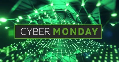 Displaying rectangular banner reading CYBER MONDAY in digital tunnel, glowing Stock Photos