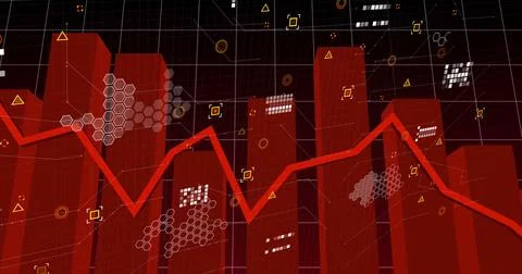 Displaying red 3D bar chart fluctuating in analytics dashboard, with jagged line Stock Illustration