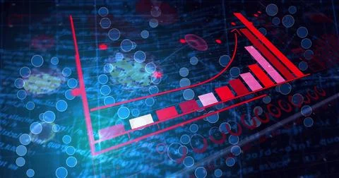 Displaying red 3D bar chart rising in digital data visualization, with upward 스톡 사진