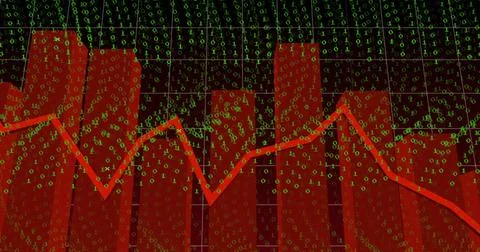 Displaying red 3D bars and red line tracing downward on digital dashboard with Illustrazione stock