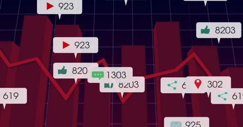 Displaying red 3D bars, jagged trend line on dark purple grid, showing white  Stock Illustration