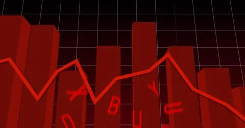 Displaying red 3D bars with jagged line trending downward across dashboard with Illustrazione stock