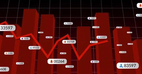 Displaying red 3D bars with red line graph in dashboard, with data labels, Stock Photos
