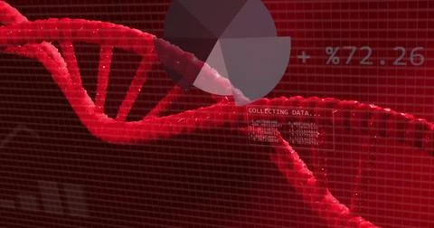 Displaying red 3D DNA helix running diagonally on monitor, showing grid, pie Stock Illustration