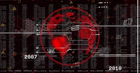 Displaying red 3D globe at command center display, with data panels and hexagon Stock Photos