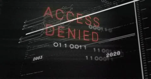 Displaying red ACCESS DENIED overlay across cyber terminal, showing binary 写真素材
