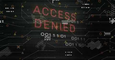 Displaying red ACCESS DENIED on security UI, showing binary, hex, nodes, warning Stock Photos