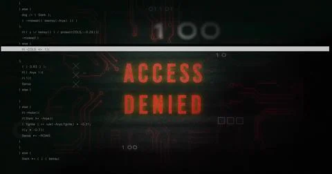 Displaying red ACCESS DENIED text dominating dark computer screen, showing Stock Illustration