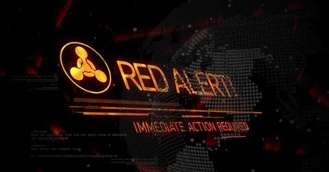 Displaying RED ALERT on control HUD, showing emblem, IMMEDIATE ACTION REQUIRED, 库存插图