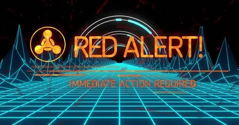 Displaying RED ALERT graphic hovering over cyan grid in wireframe landscape with Stock Photos