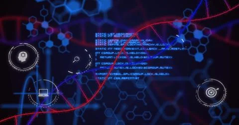 Displaying red and blue double-helix DNA strand crossing dark interface, with Stock Illustration