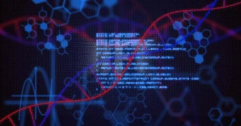 Displaying red and blue double helix crossing central code block in virtual lab, Stock Photos
