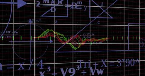 Displaying red and green waveform traces oscillating on dark grid plane, with Stock Illustration