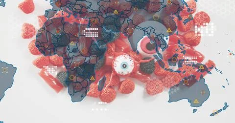 Displaying red and pink candy cluster on studio surface, showing white eyeball 스톡 사진