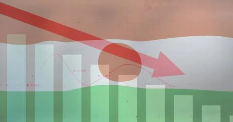 Displaying red arrow sloping down on screen, with vertical bars, red line graph 写真素材