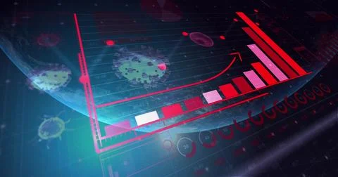 Displaying red ascending bar chart rising over holographic grid, with virus イラスト素材
