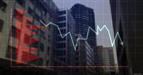 Displaying red bar chart and green line graph over 3D grid overlay in downtown Ilustración de archivo